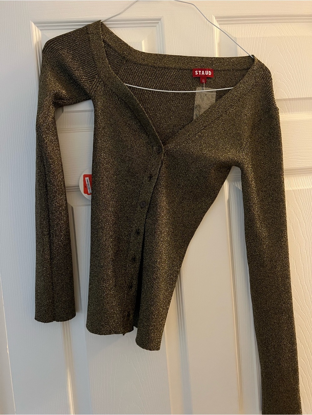 STAUD Shimmery Olive-Gold Button Front Cardigan